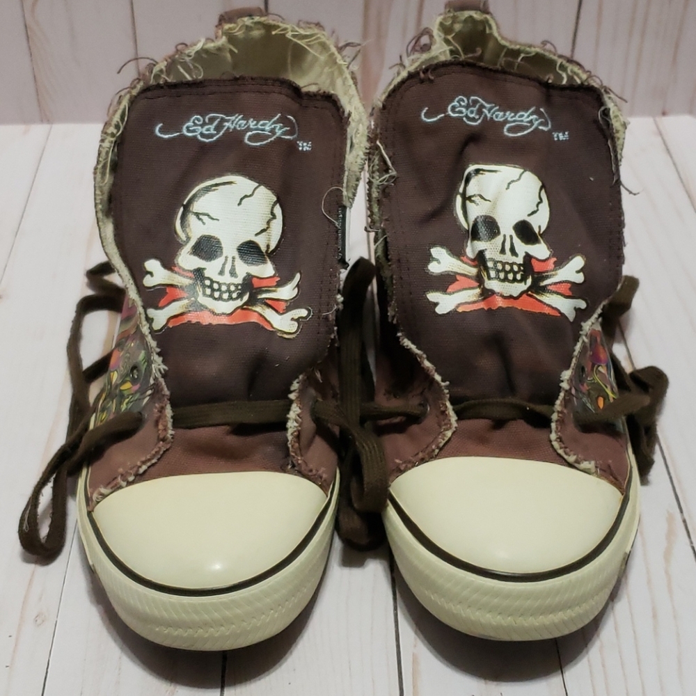 Ed Hardy Skull Art Canvas High Chucks size 12